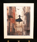 City Dancer — limited edition giclee print, gothic ballerina floating between city buildings, 255x305mm