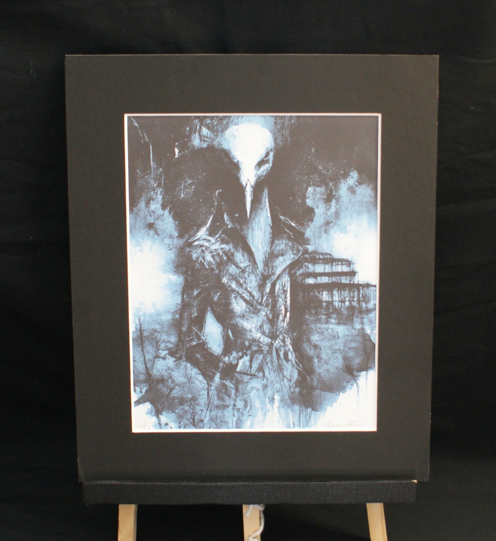 The Watcher — limited edition giclée print, plague doctor close-up in steel blue with Brighton pier, 255x305mm