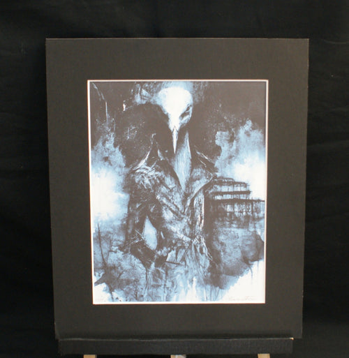 The Watcher — limited edition giclée print, plague doctor close-up in steel blue with Brighton pier, 255x305mm