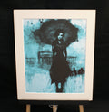 The Parasol — limited edition giclée print, gothic woman with parasol before Brighton West Pier in deep teal, 255x305mm