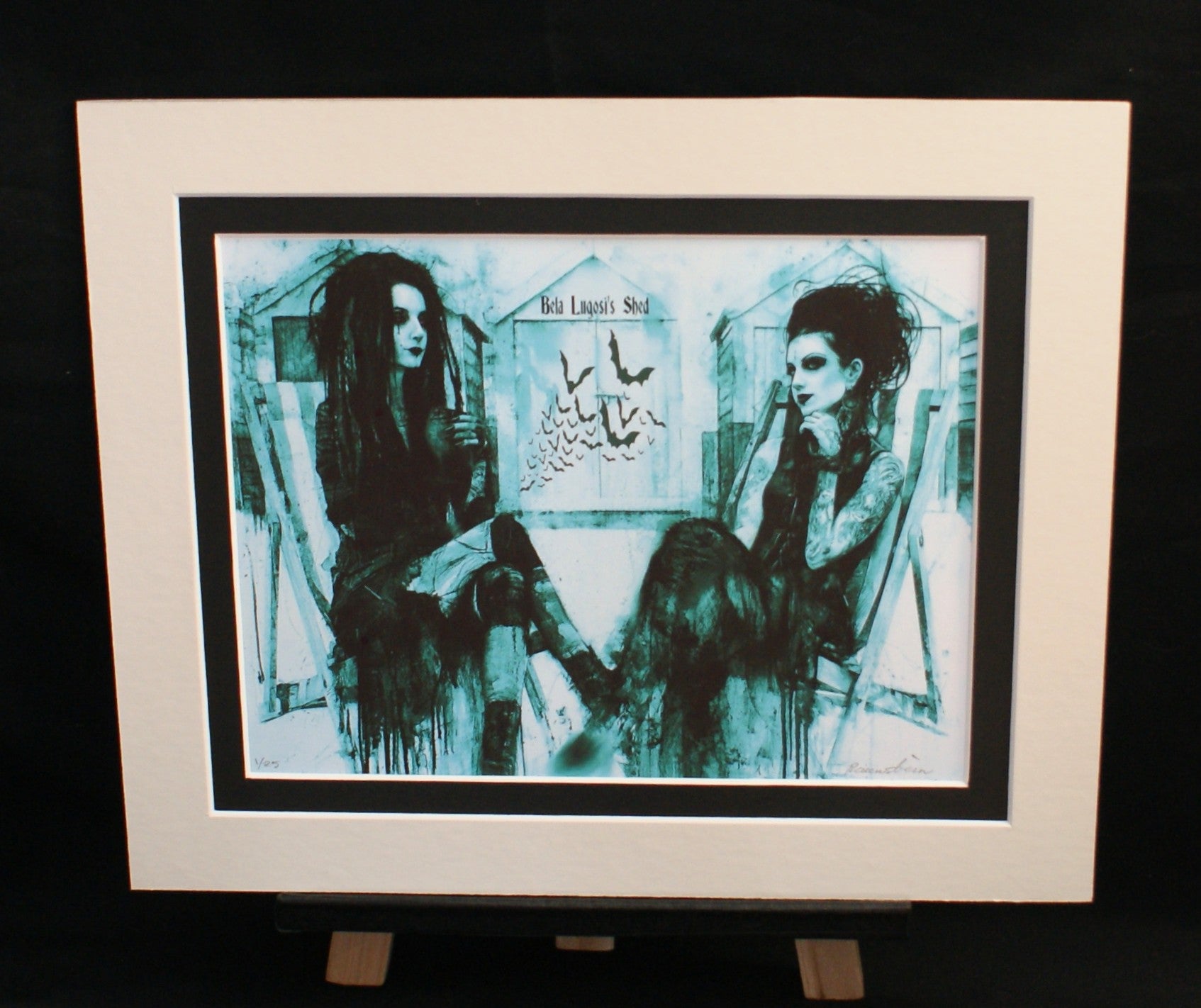 Bela Lugosi's Shed — limited edition giclée print, two goth women outside a Brighton beach hut in teal, 255x305mm