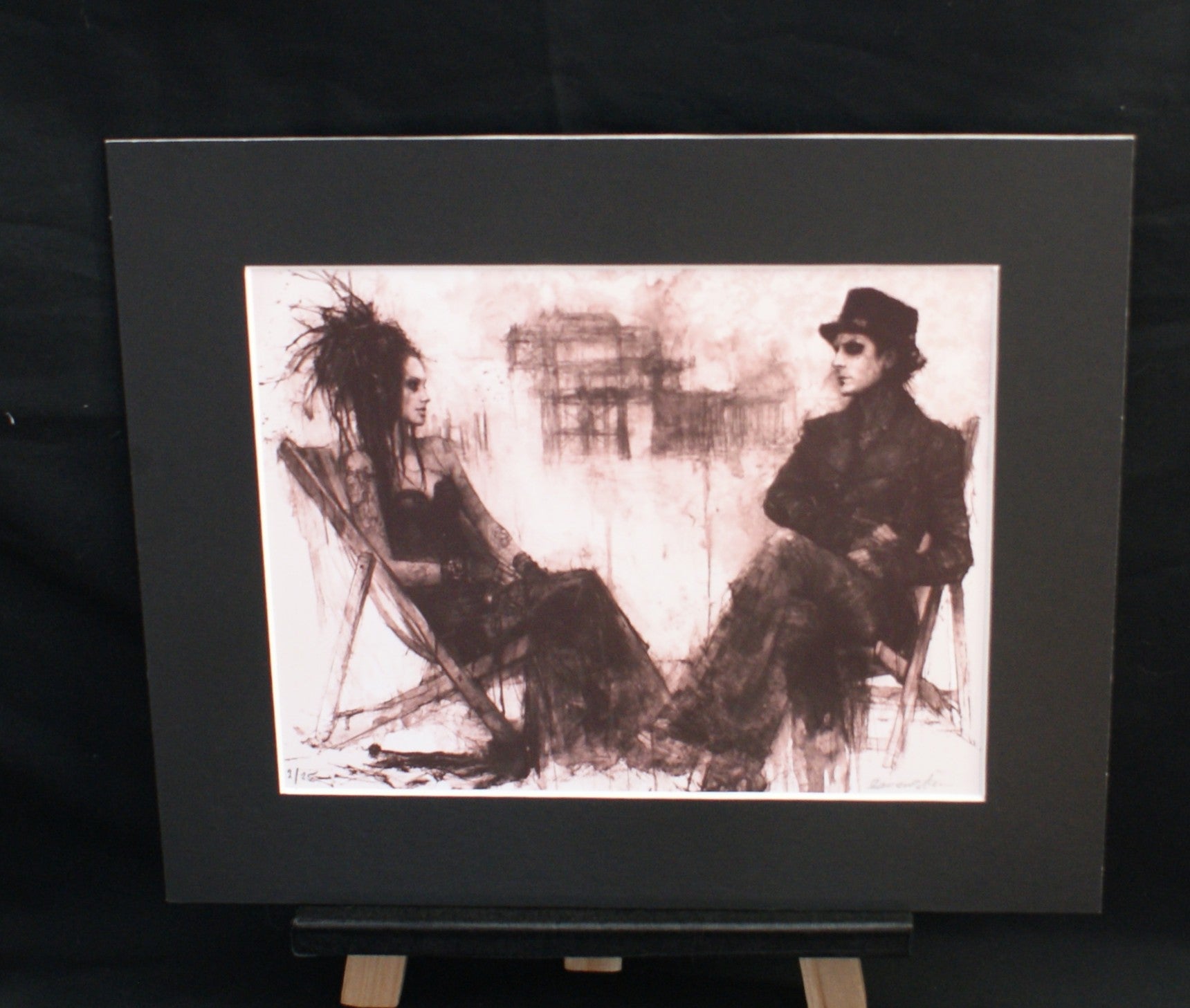 Deckchairs — limited edition giclée print, two goth figures in deckchairs on Brighton beach in sepia, 255x305mm
