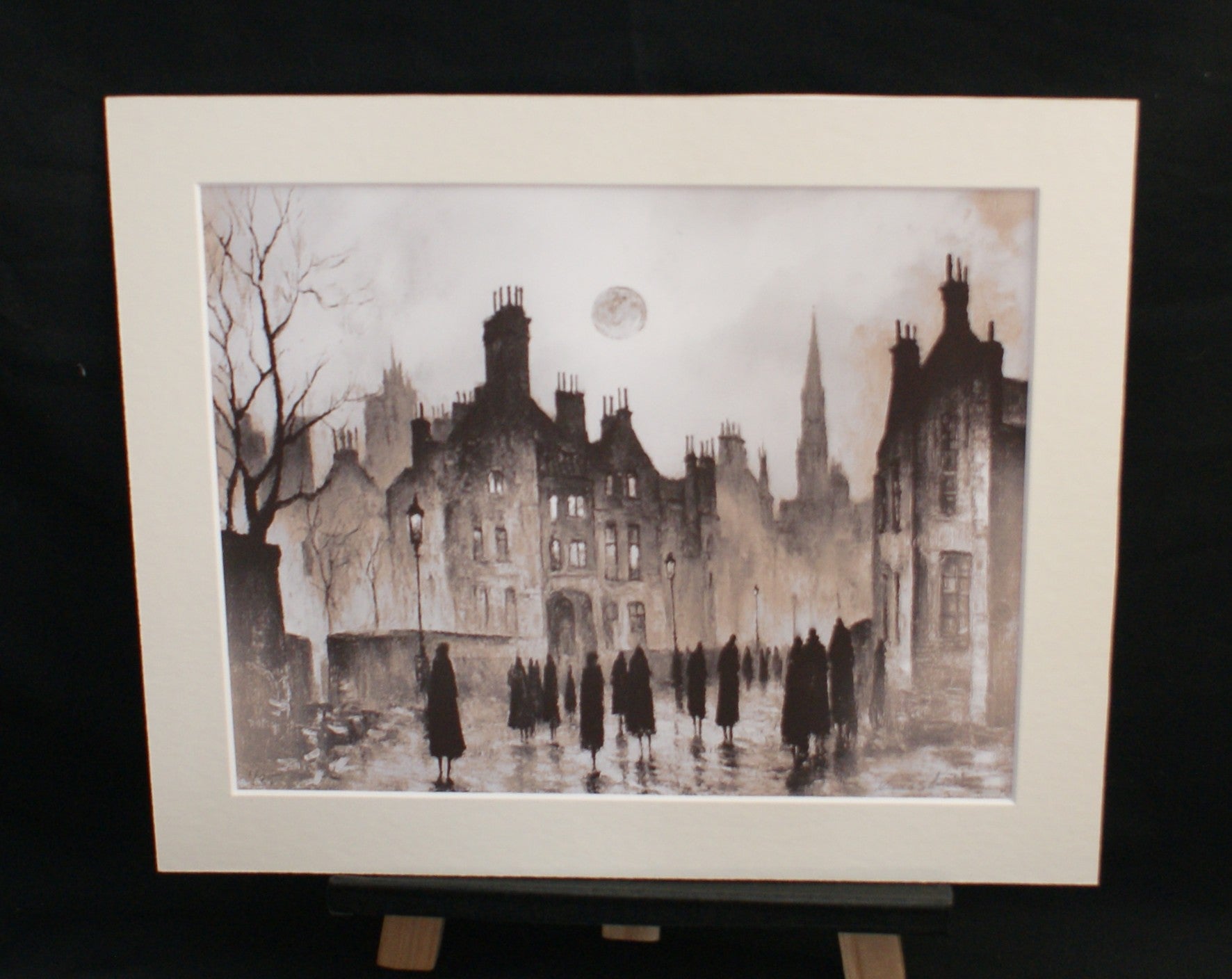 Midnight Congregation — limited edition giclée print, cloaked figures on moonlit Victorian street in sepia, 255x305mm