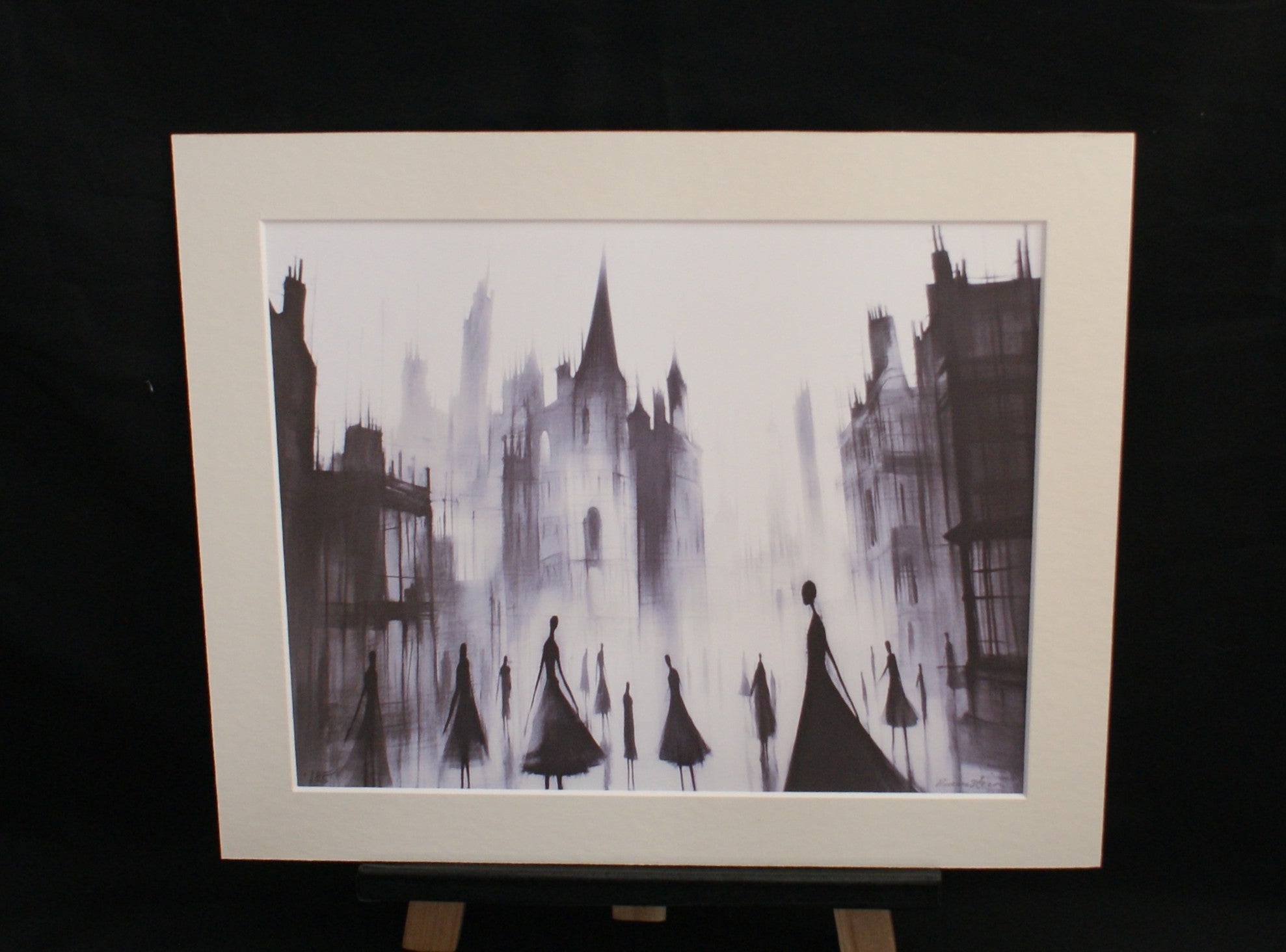 The Procession — limited edition giclée print, elongated gothic figures in misty cathedral city, 255x305mm