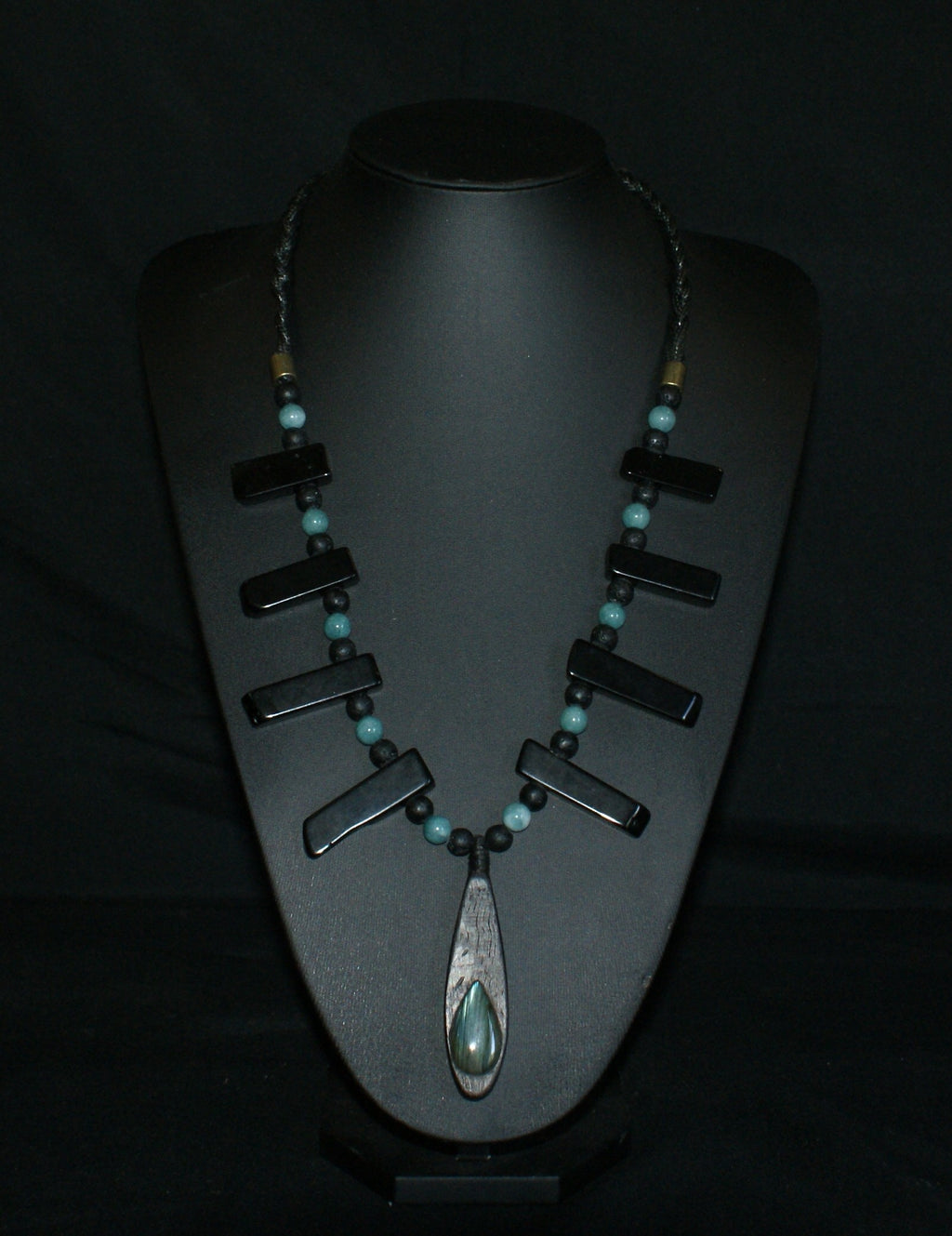 Handmade labradorite and bog oak pendant necklace with black onyx, blue agate and lava stone beads