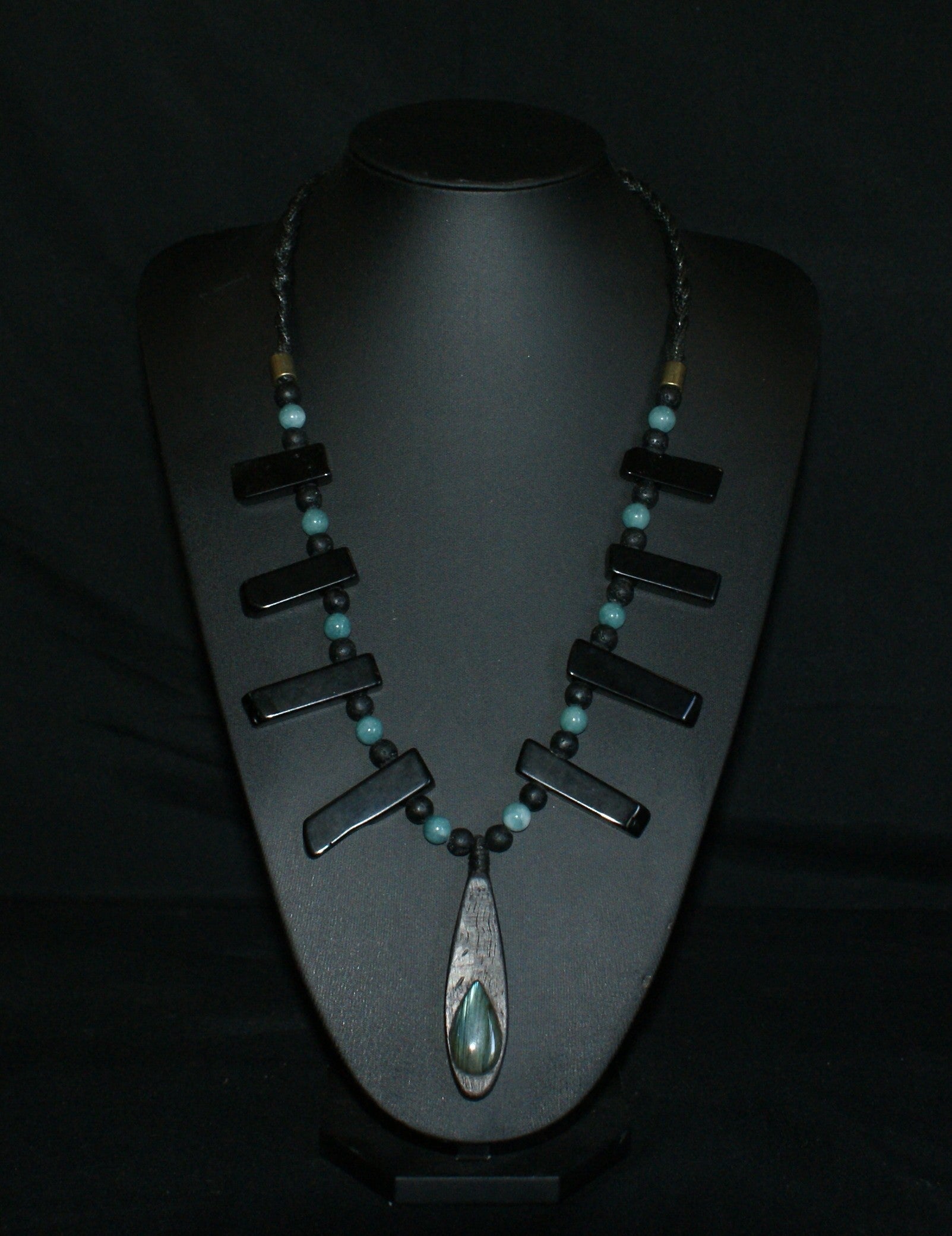 Handmade labradorite and bog oak pendant necklace with black onyx, blue agate and lava stone beads