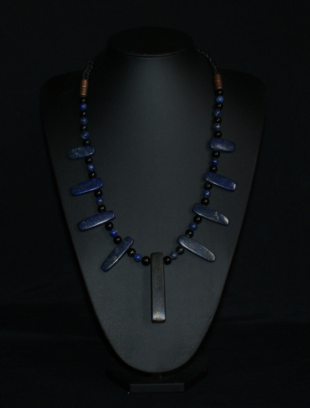 Handmade lapis lazuli and bog oak pendant necklace with black onyx beads and copper accents