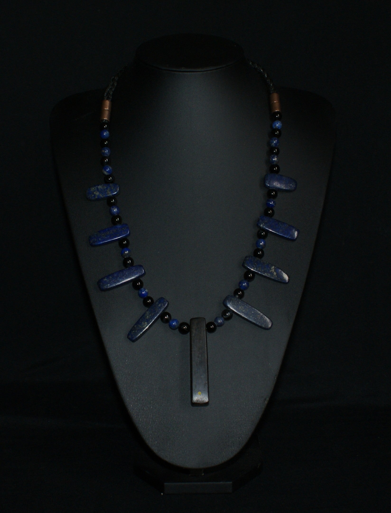 Handmade lapis lazuli and bog oak pendant necklace with black onyx beads and copper accents