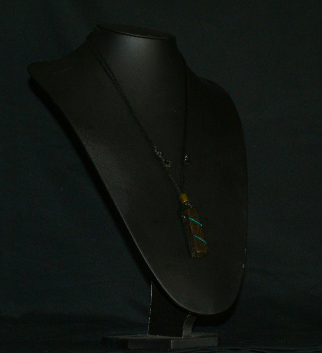 Ancient Bog Oak & Crushed Opal Bar Pendant Necklace – One of a Kind