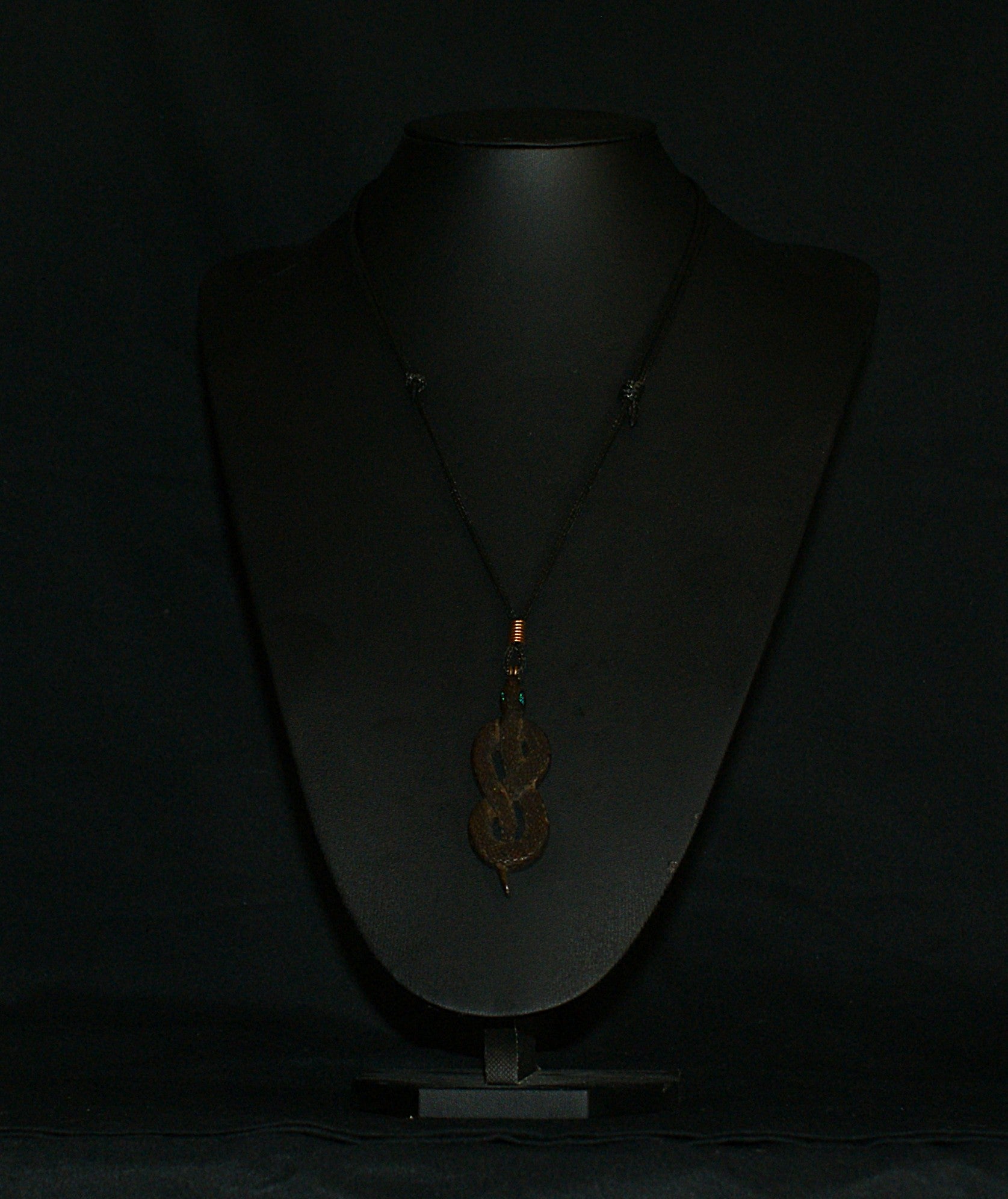 Ancient Bog Oak Snake Pendant – Crushed Opal Eyes & Handmade Copper Bail – One of a Kind