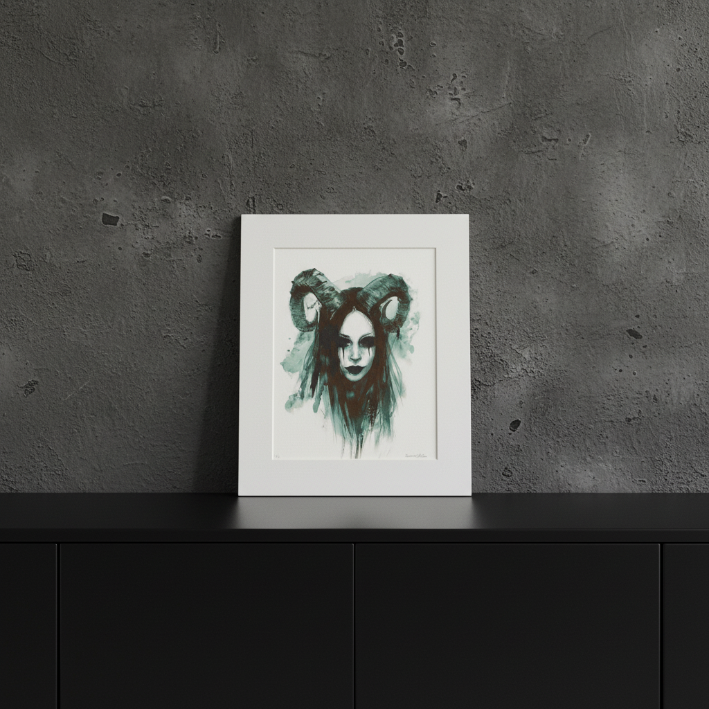 Demonic portrait print on black sideboard with dark grey wall
