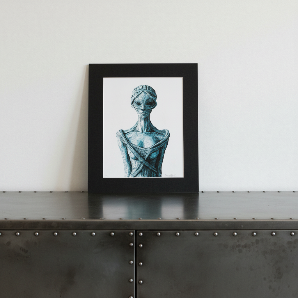 Gothic alien print on industrial sideboard square