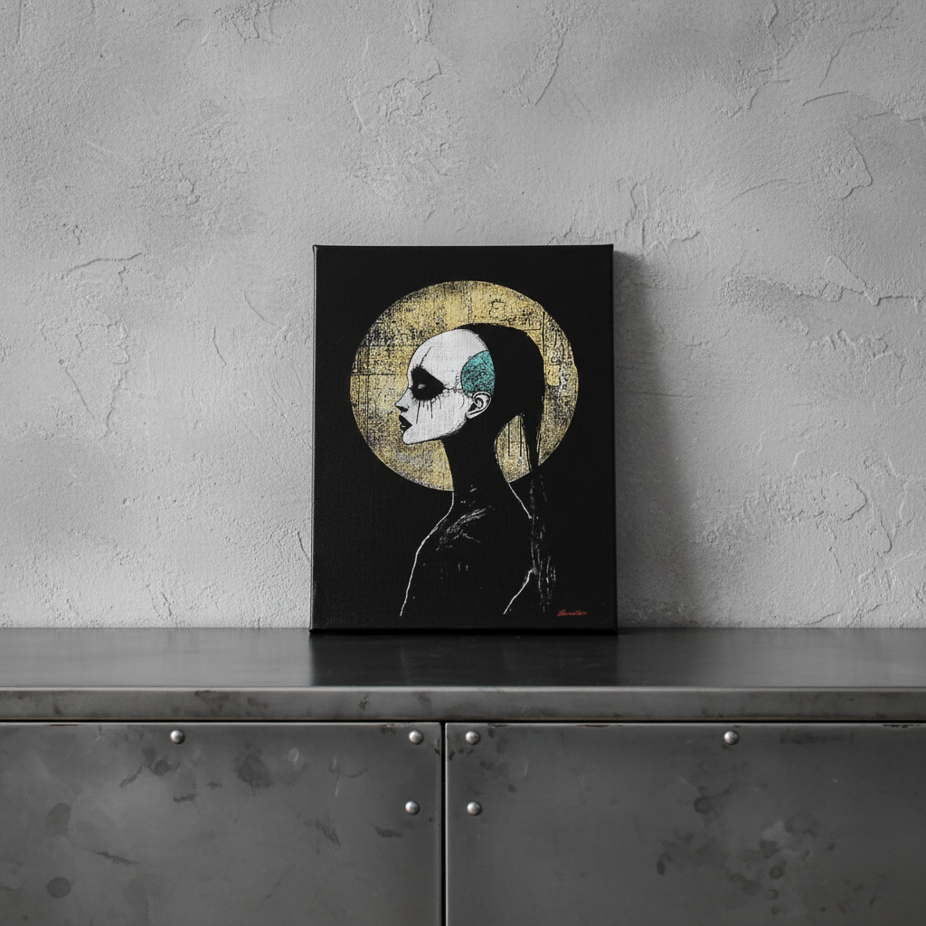 Gothic halo portrait canvas on industrial sideboard