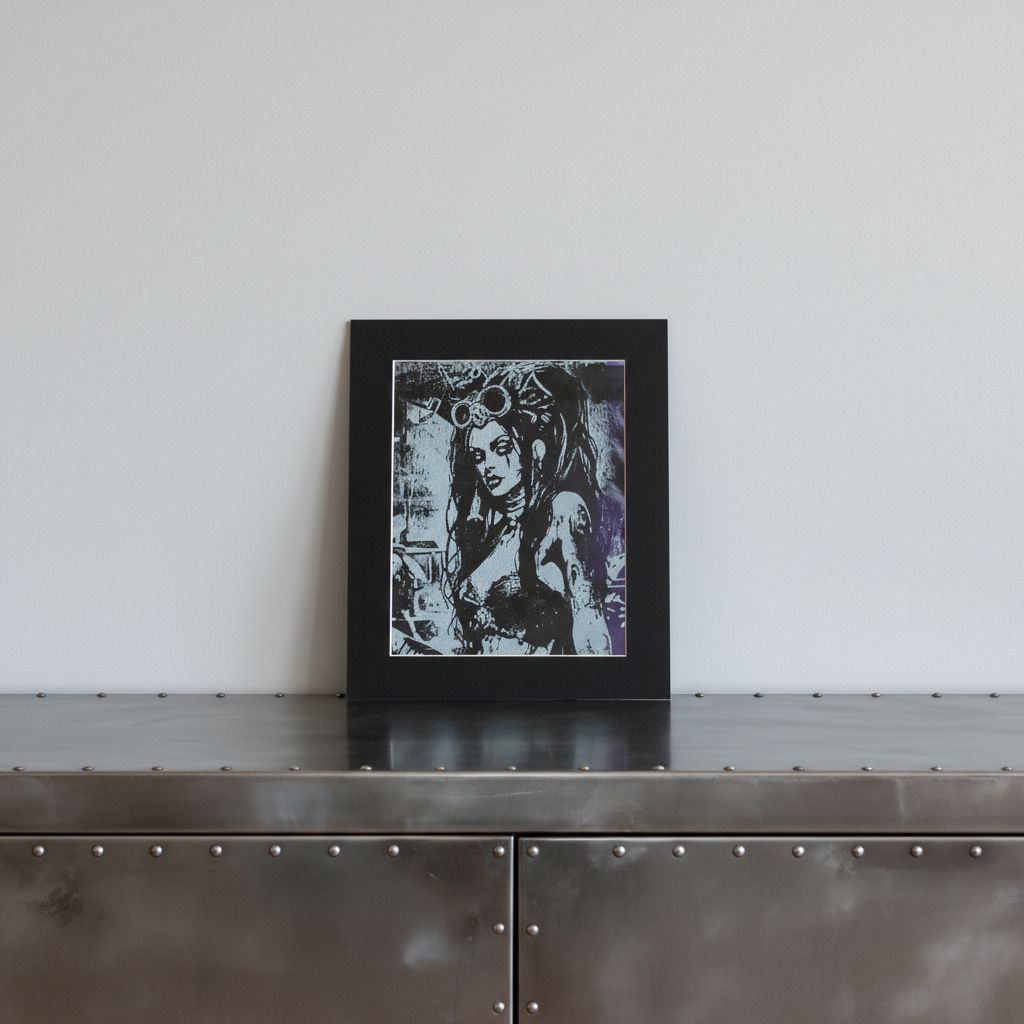 Gothic portrait print on industrial sideboard
