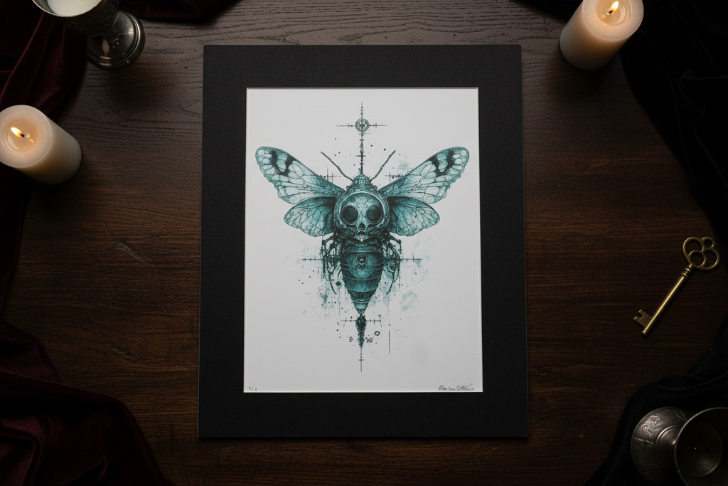 Gothic skull-moth print flat lay from above
