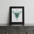 Gothic skull-moth print on industrial sideboard