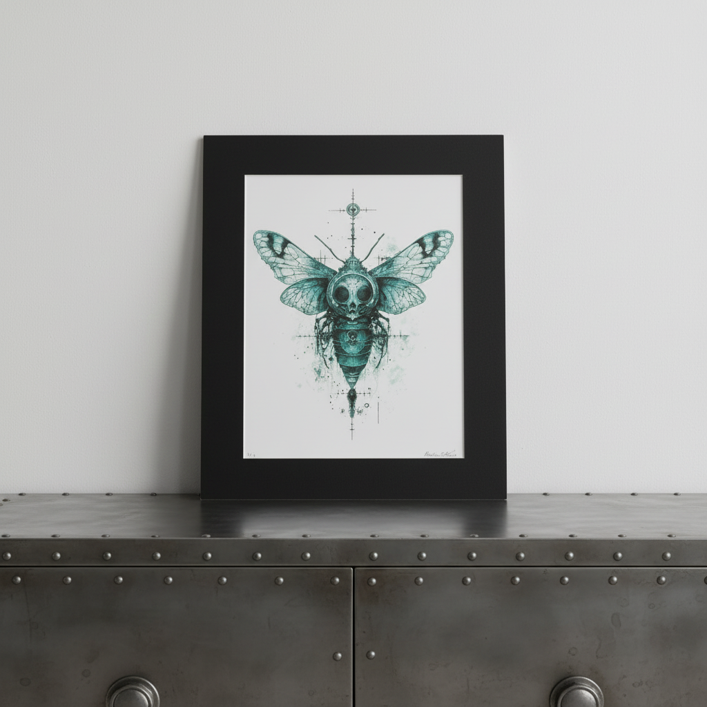 Gothic skull-moth print on industrial sideboard