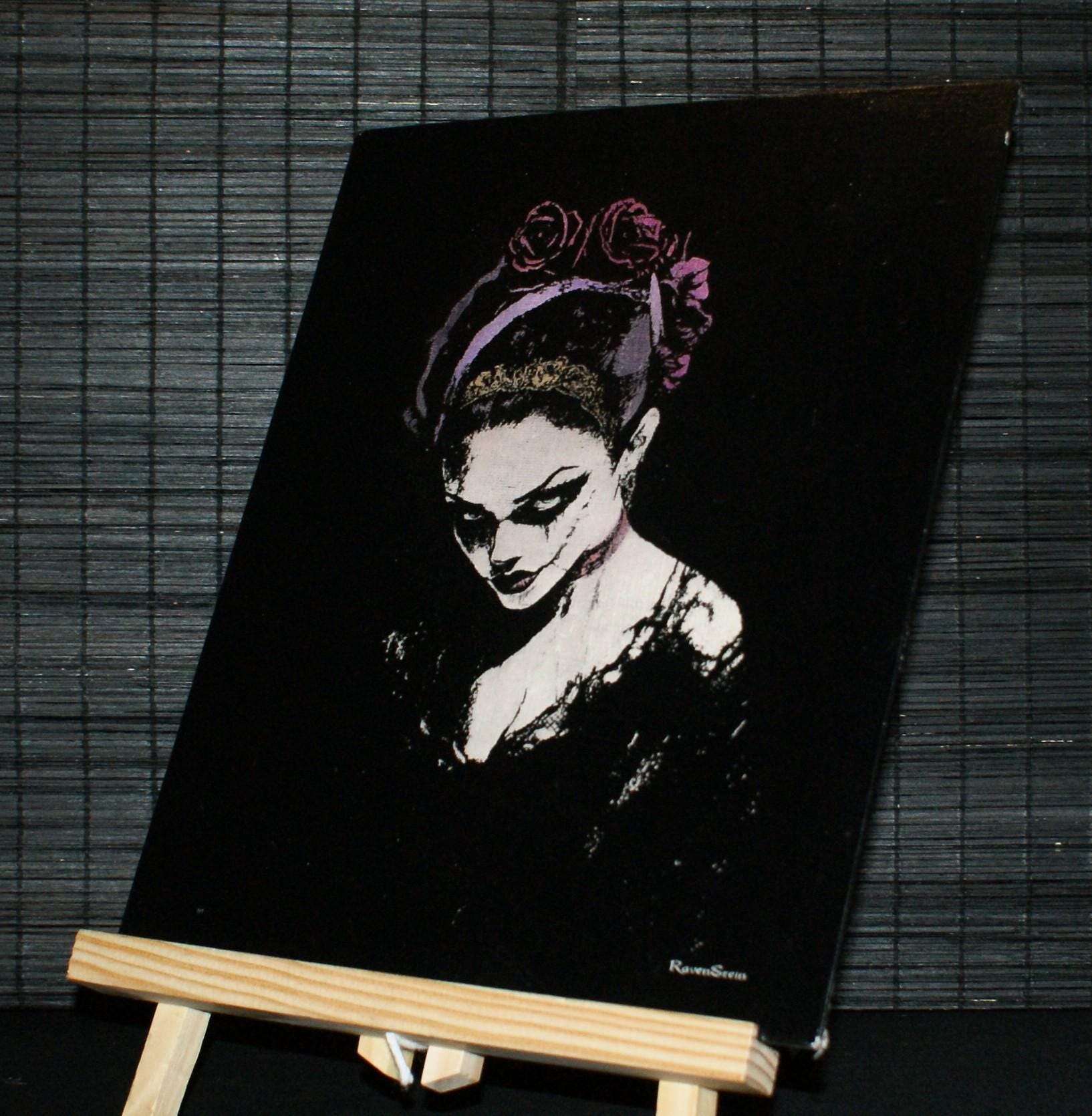 MIDNIGHT MUSE, Sgraffito, on canvas board, Goth Art, unique artwork