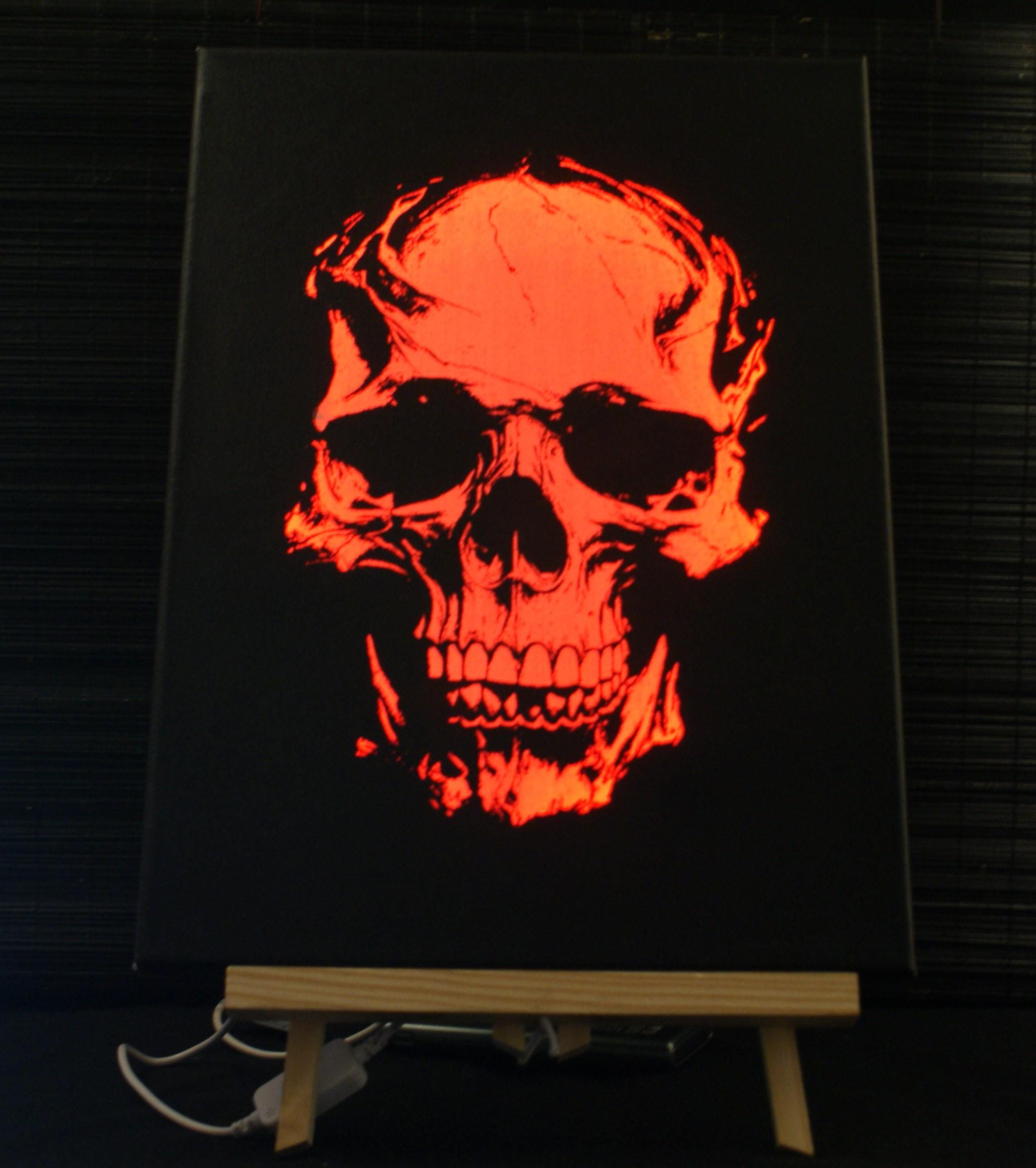 SKULL 808 Backlit sgraffito on canvas, Goth, Modern Alternative art