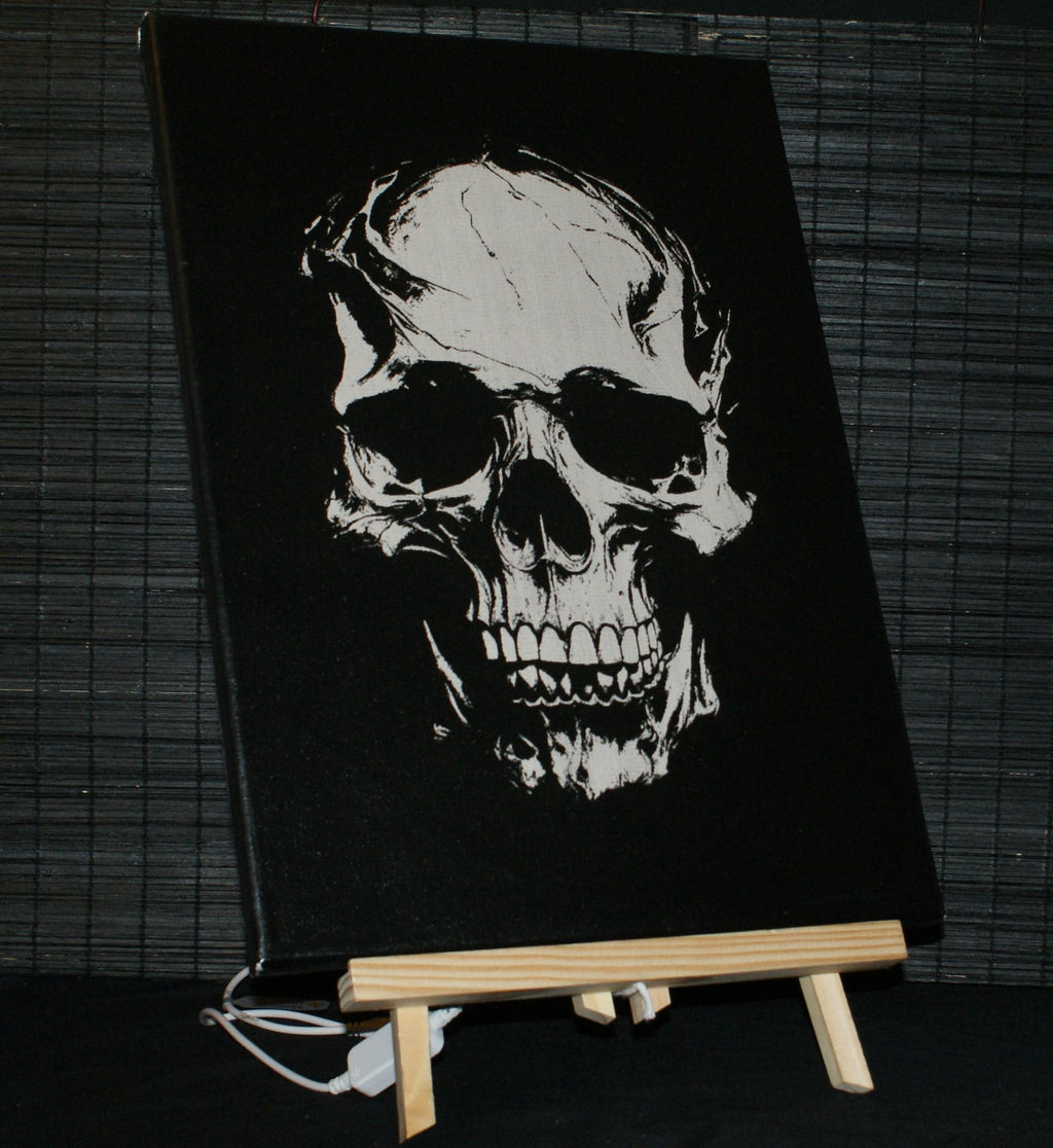 SKULL 808 Backlit sgraffito on canvas, Goth, Modern Alternative art