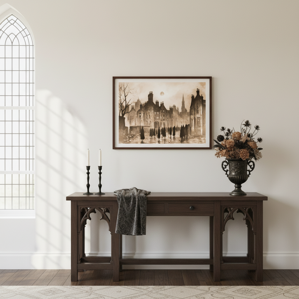 Moonlit Procession print in gothic-inspired naturally lit room