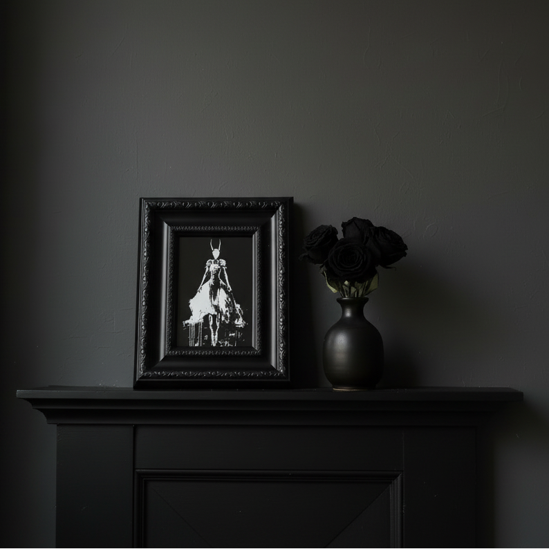 Square format framed artwork on mantle